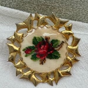 Vintage Petit Point Red Rose Brooch Round